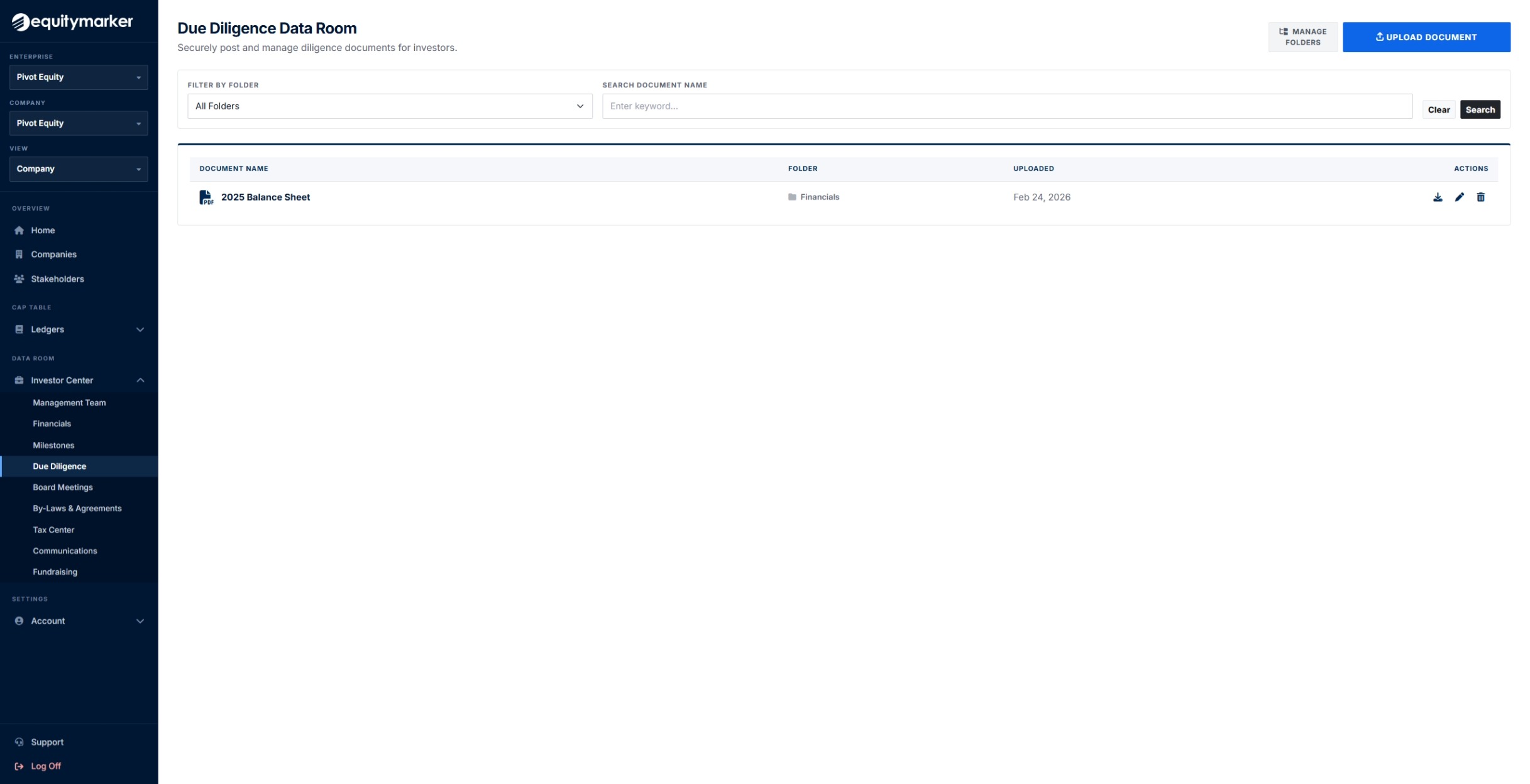 Due diligence data room with folders and documents.
