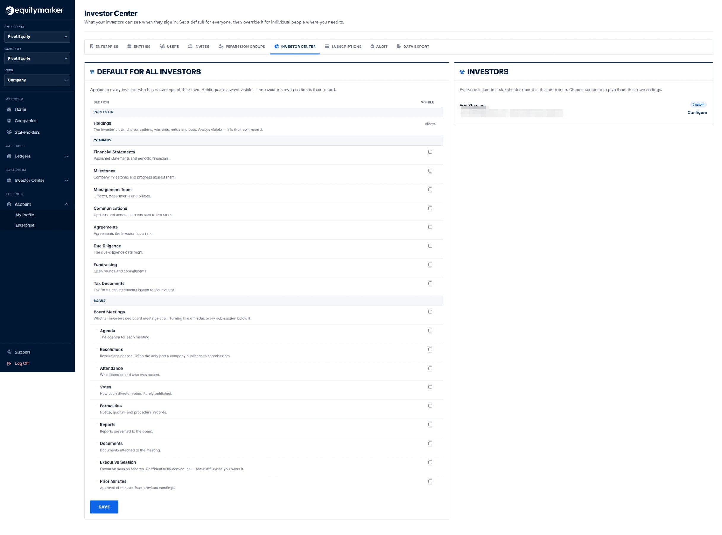 Investor Center visibility settings with a default and per-investor overrides.