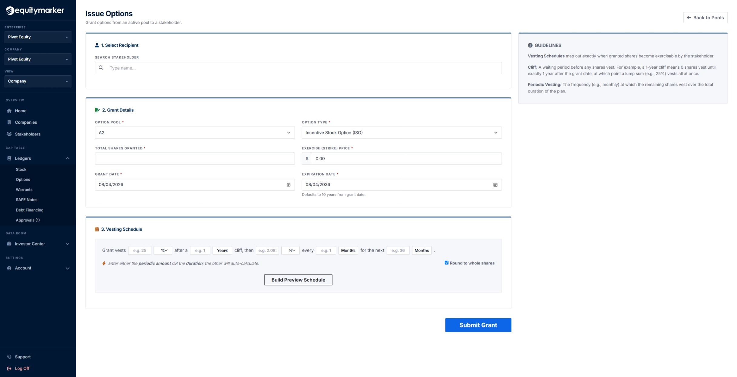 Option grant form with strike price and a vesting schedule builder.