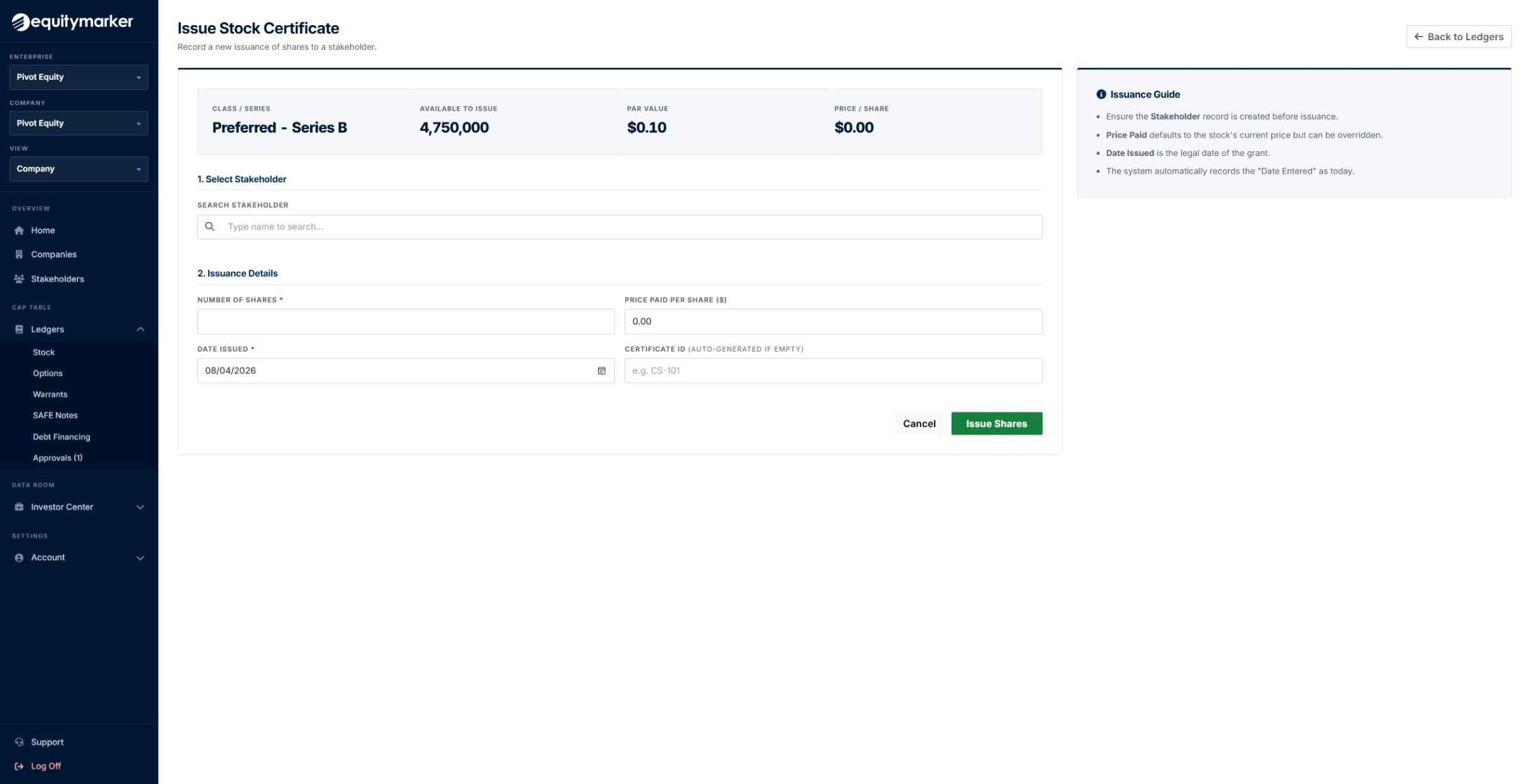 Issue stock certificate form with stakeholder, shares, price and date.