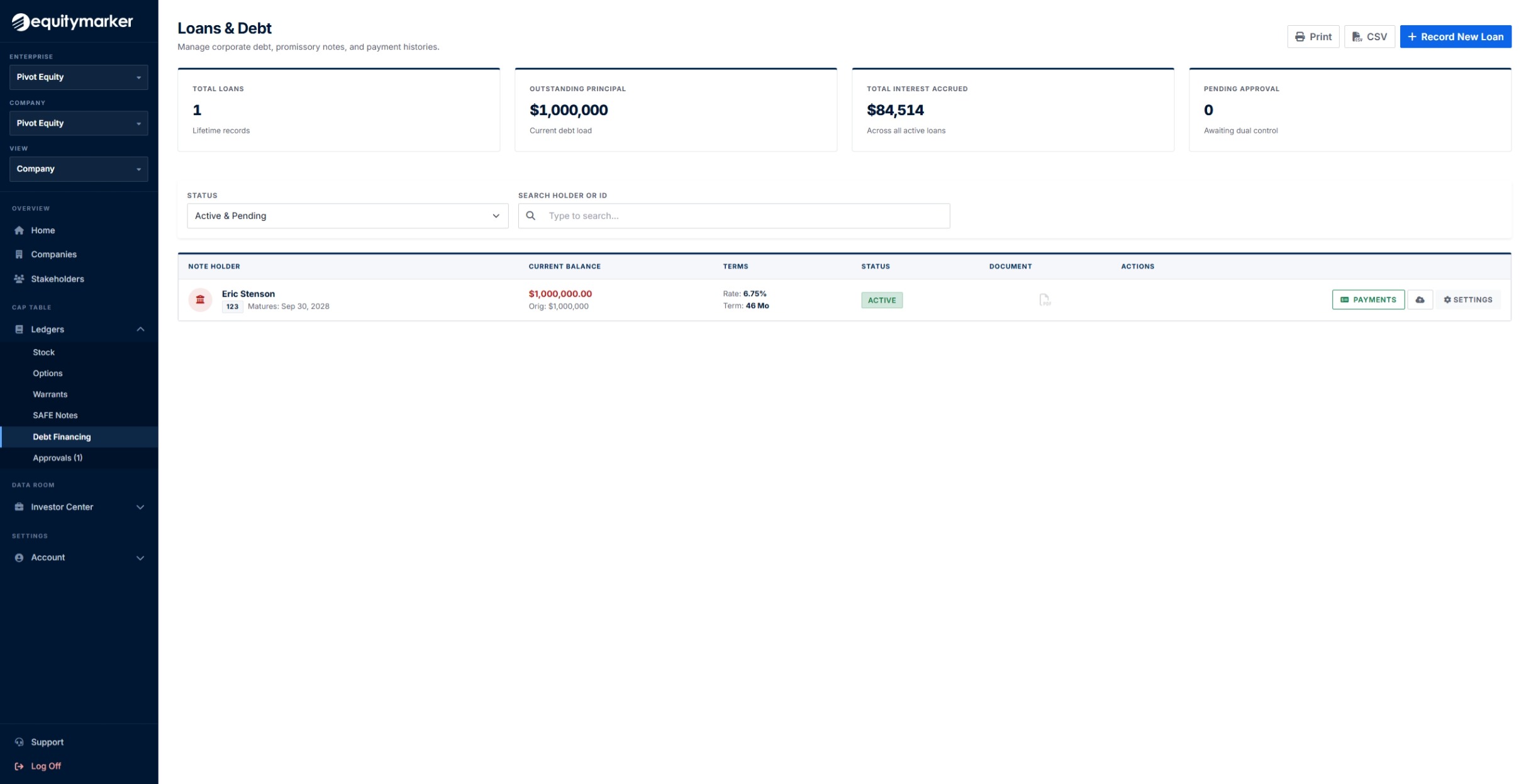 Loans and debt dashboard with outstanding balances and interest.
