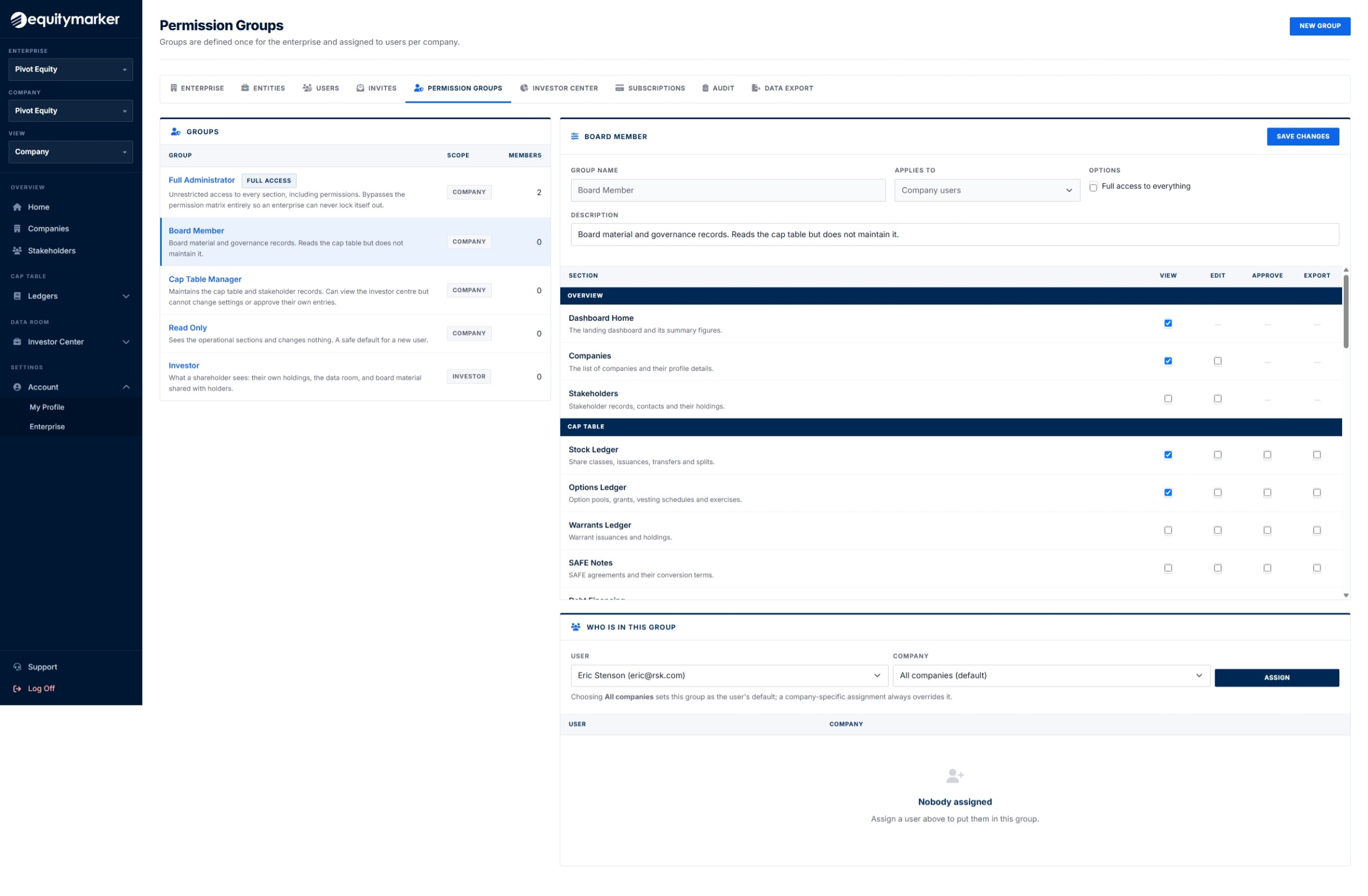 Permission group editor with view, edit, approve and export per section.