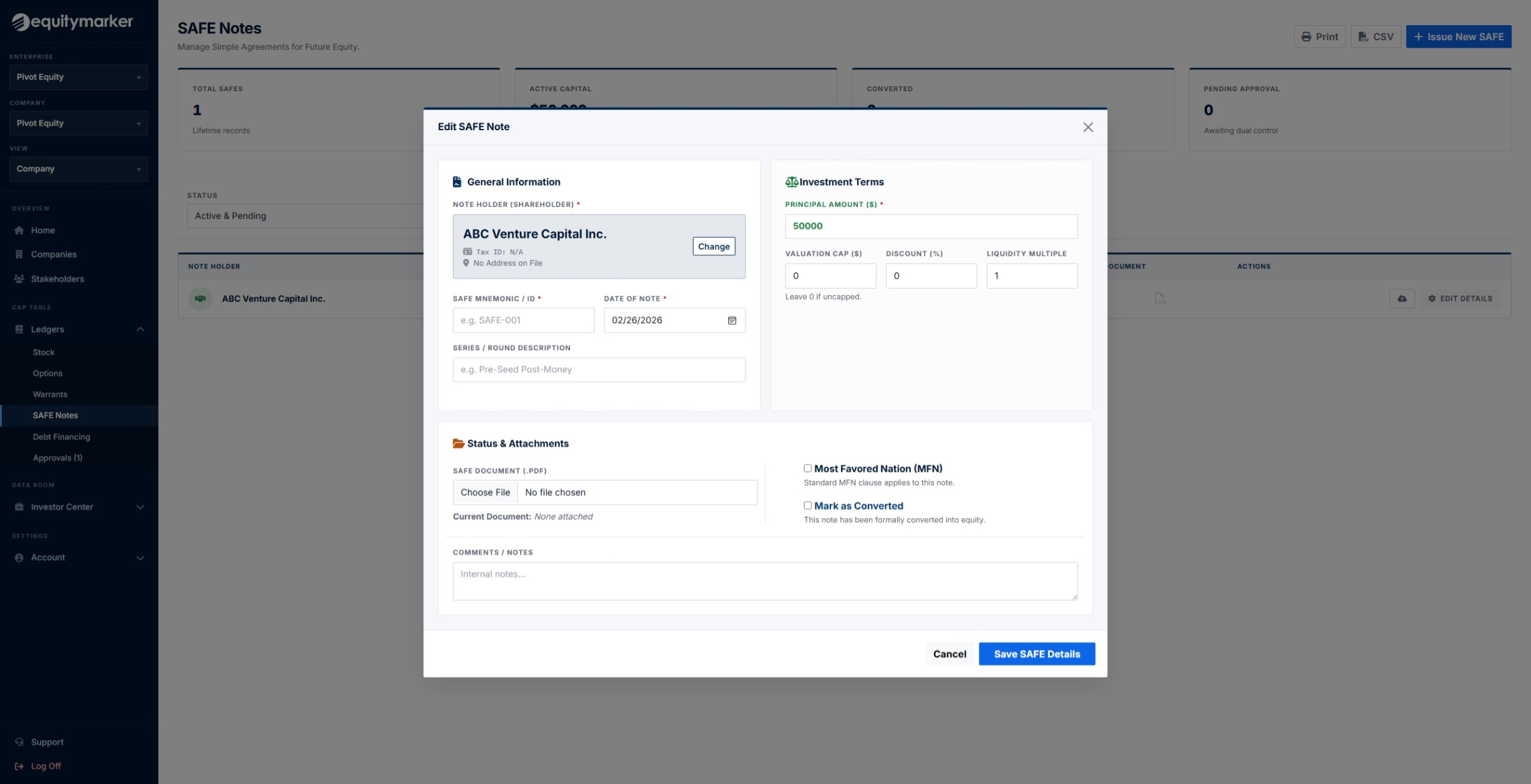 SAFE note editor with principal, valuation cap and discount.