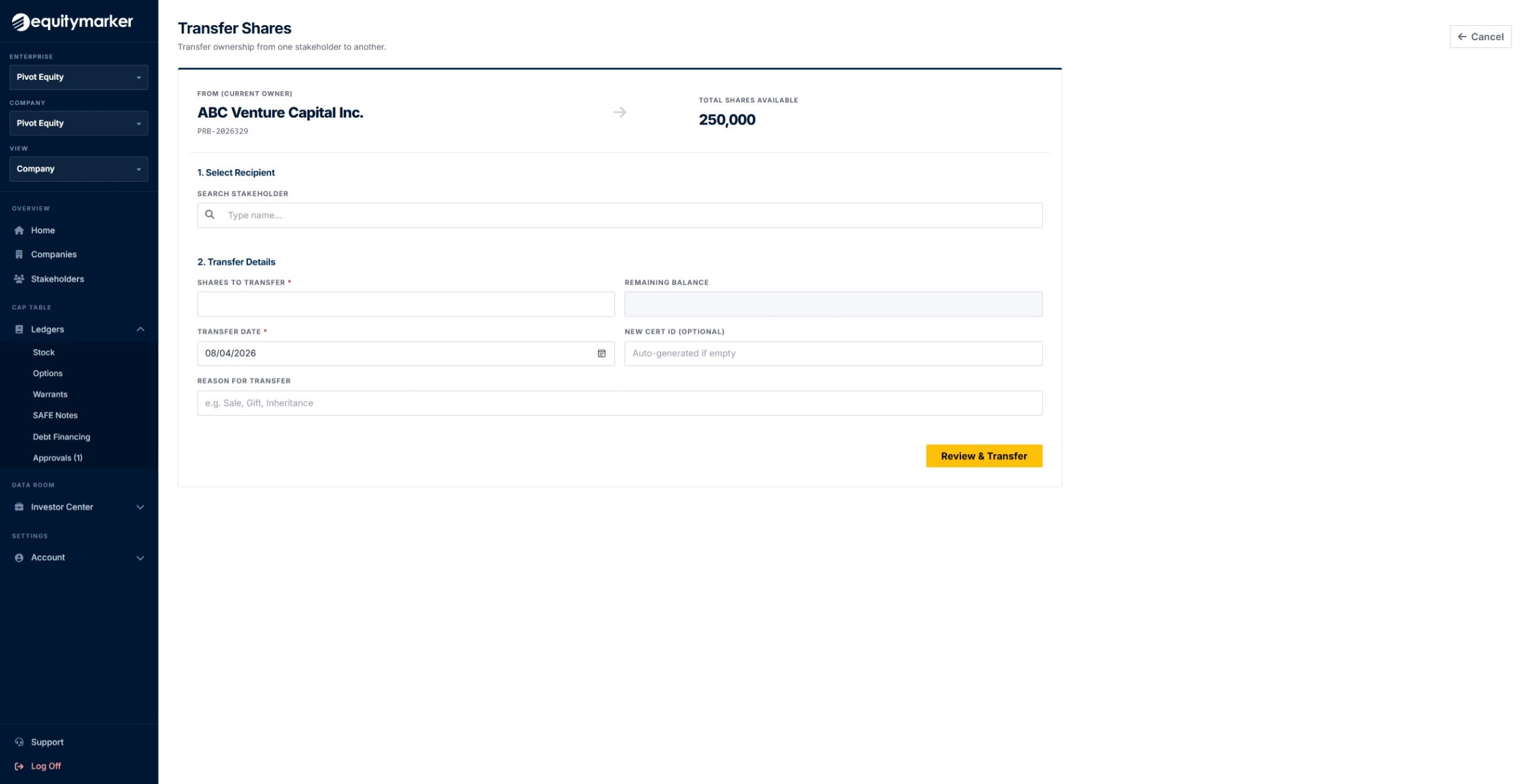 Share transfer form moving shares between holders.